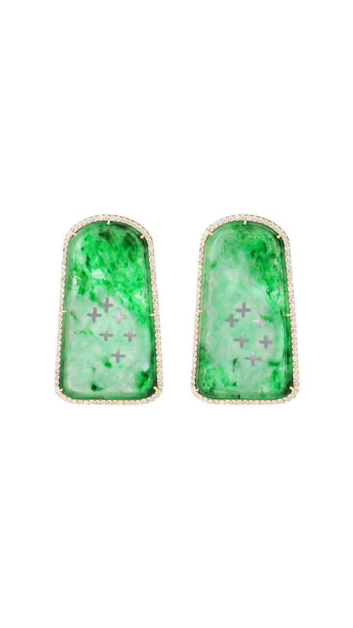 Hand Carved Jade with paved Diamond Earrings