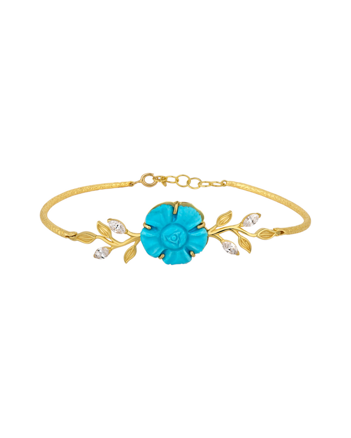 Carved Turquoise Flower Bracelet with Diamond Leaves