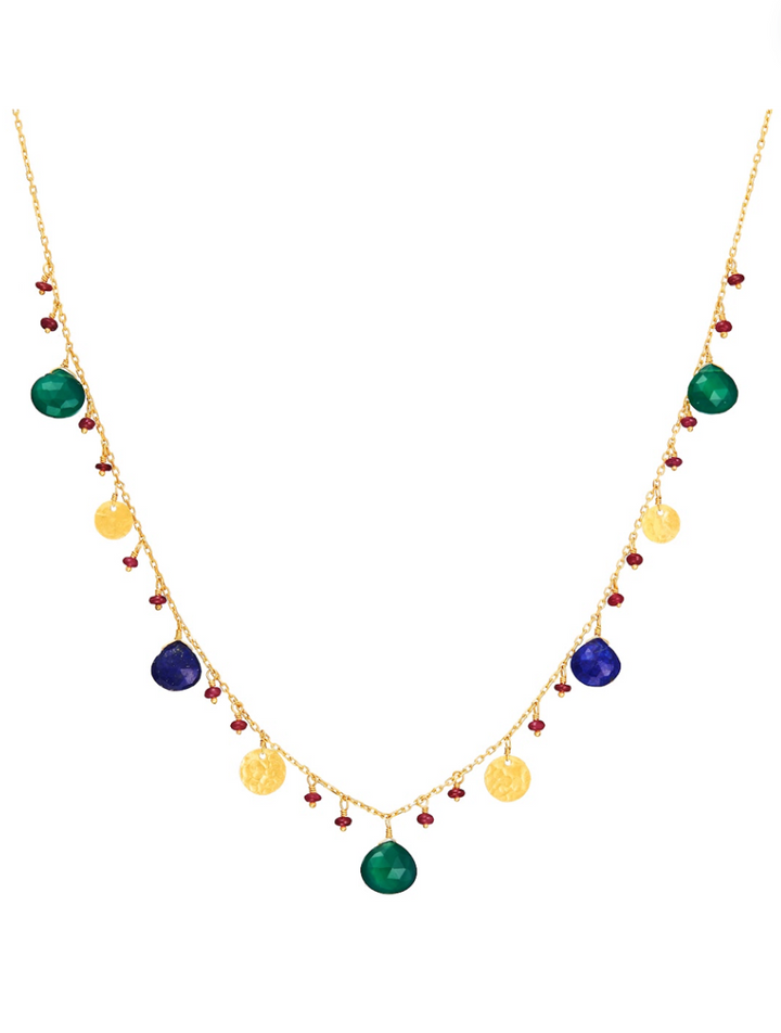 Green Onyx, Lapis Lazuli, Ruby Gemstone Drop Necklace