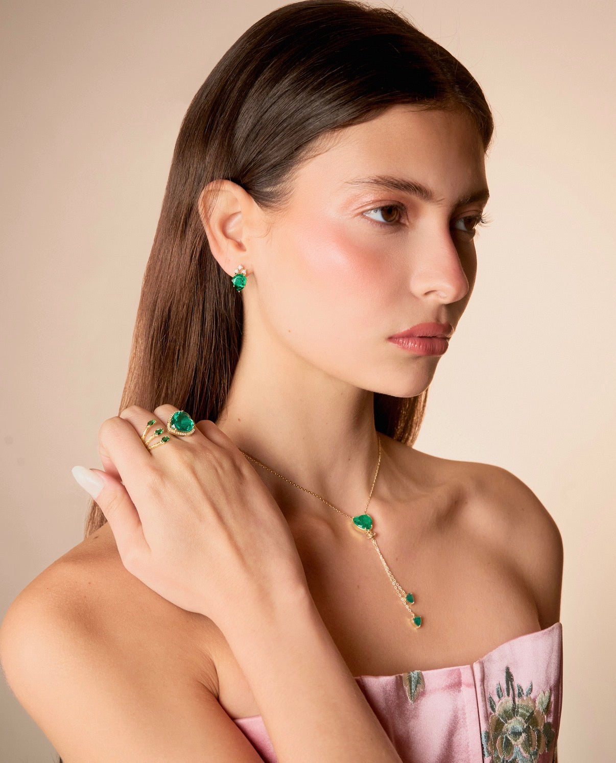 Emerald Heart Drop Lariat Necklace with Double Heart Detail