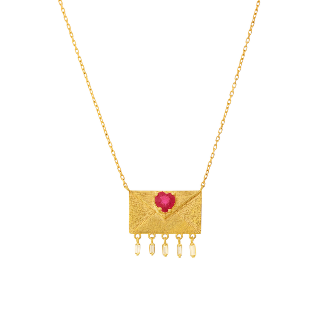 Love Letter Necklace - Hand Hammered Envelope with Ruby Heart & Dangling Diamond Baguettes