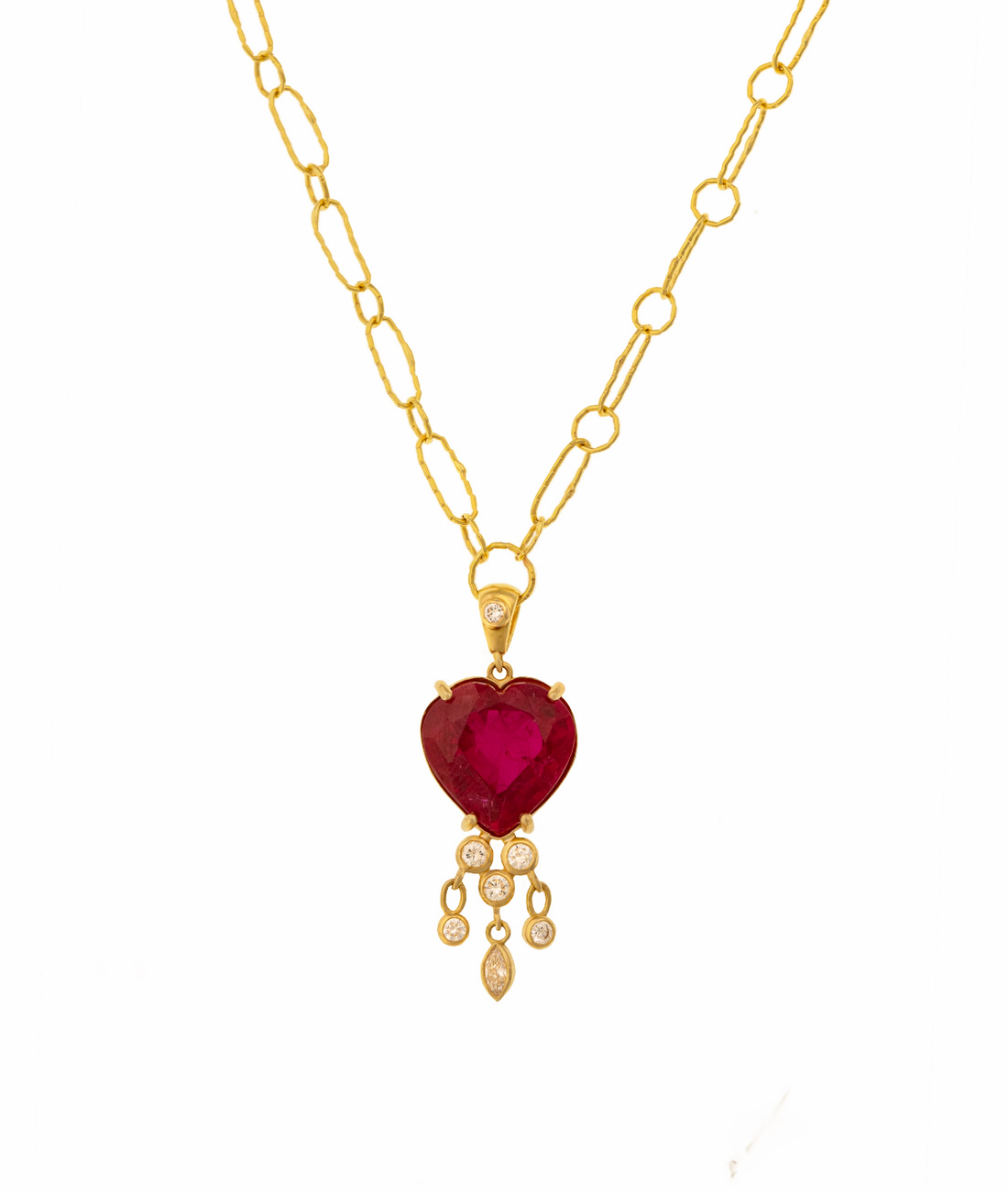 Heart Ruby Necklace with Dangling Diamonds