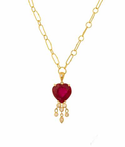 Heart Ruby Necklace with Dangling Diamonds