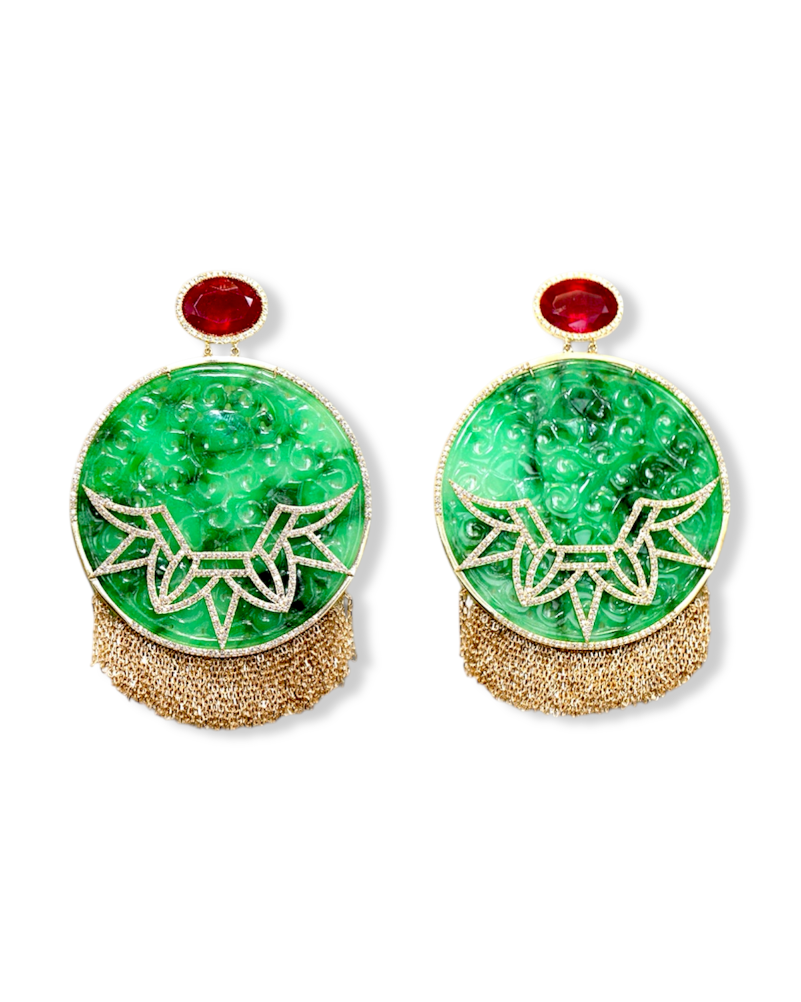 Hand-Carved Jade with Diamond Wings and Tasseled Gold Earrings