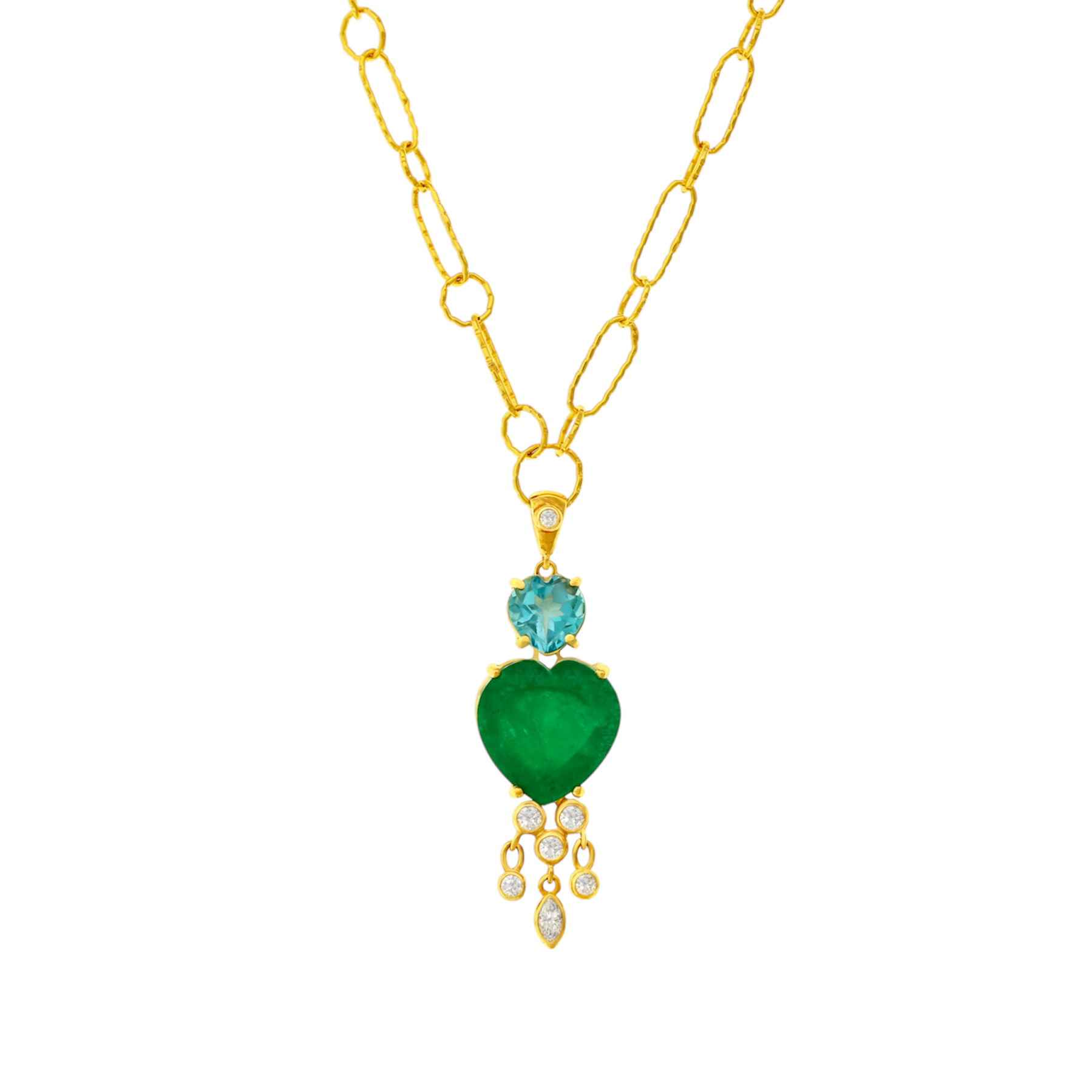 Emerald & Blue Topaz Heart with Dangling Diamonds