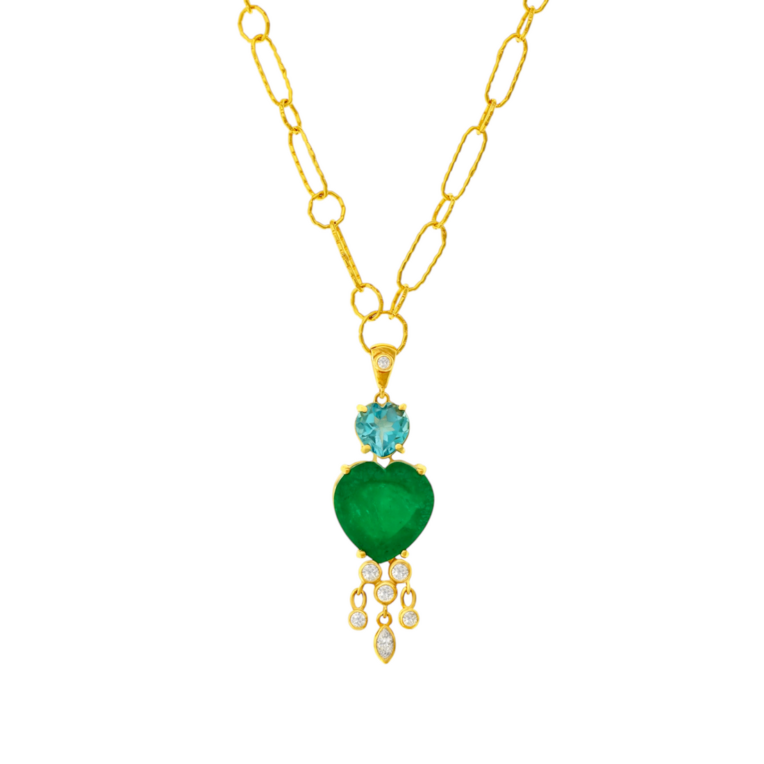 Emerald & Blue Topaz Heart with Dangling Diamonds