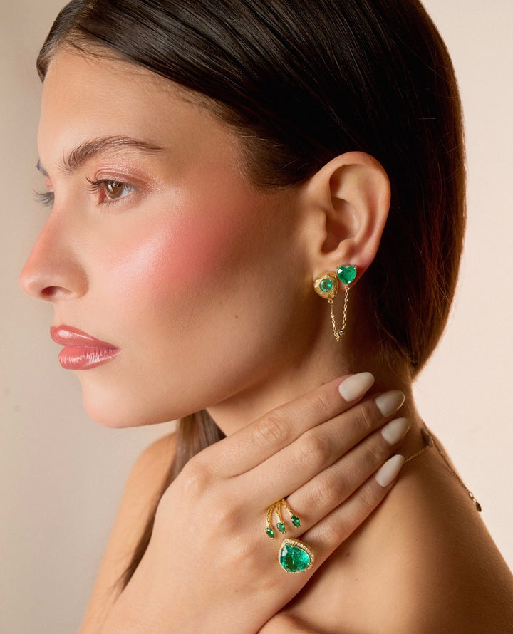 Emerald Heart Open Ring in Gold with Pavé Diamond Halo