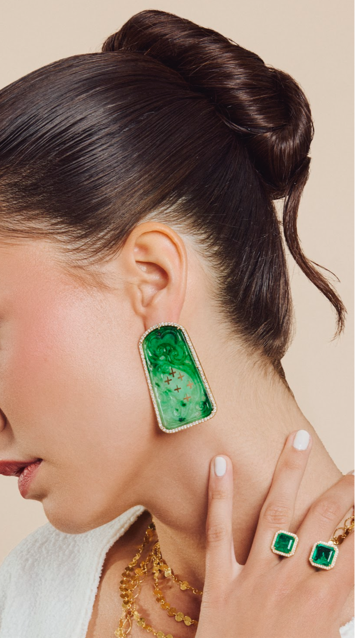 Hand Carved Jade with paved Diamond Earrings