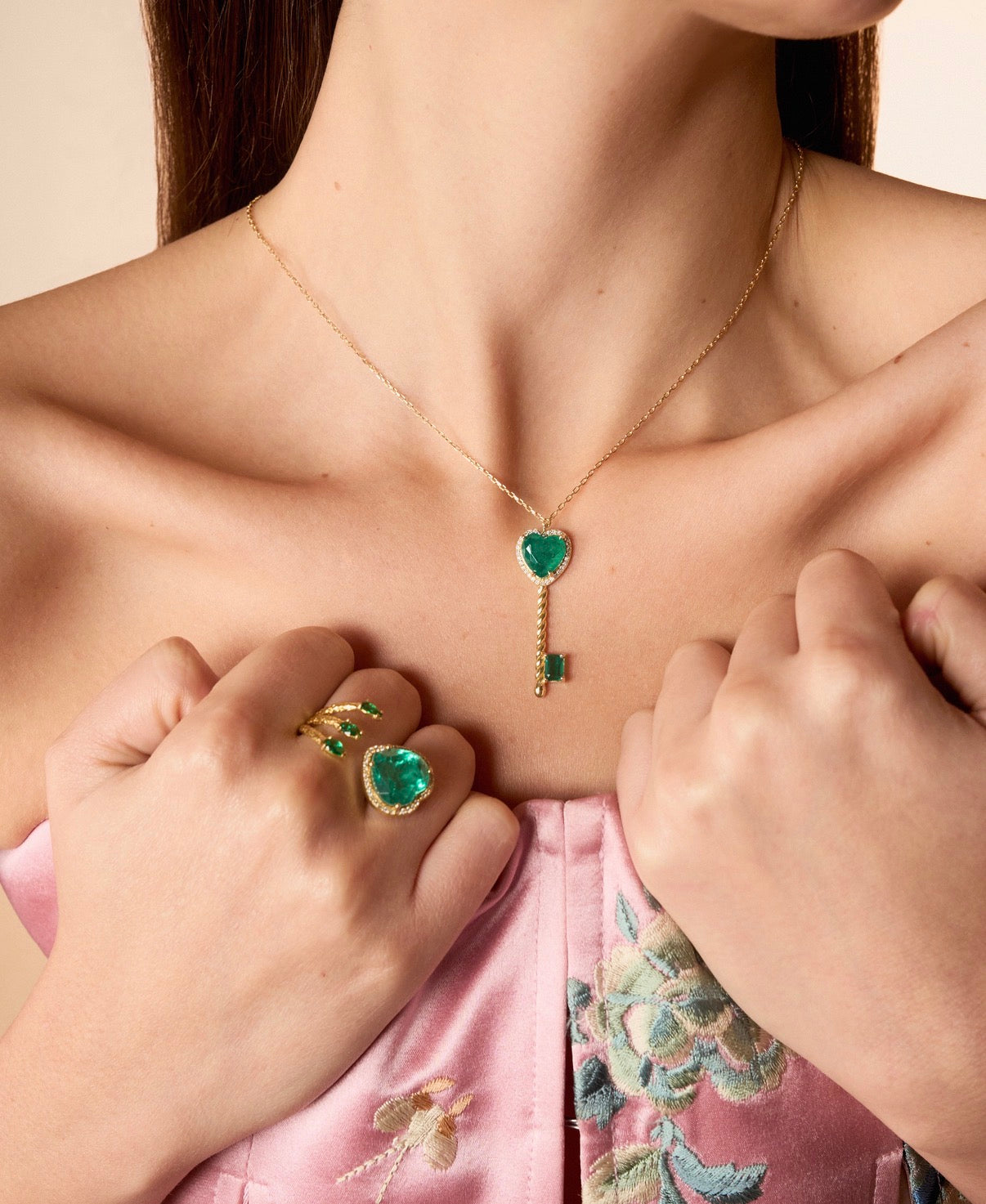 Emerald Heart Open Ring in Gold with Pavé Diamond Halo