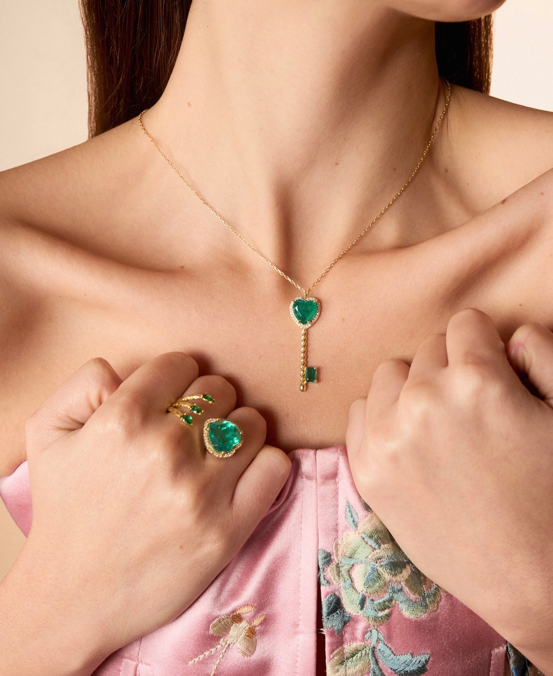 Emerald Heart Open Ring in Gold with Pavé Diamond Halo