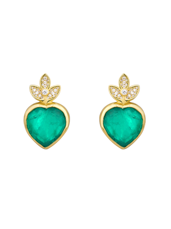 Emerald Heart-Cut Olive Tree Leaves Stud Earrings