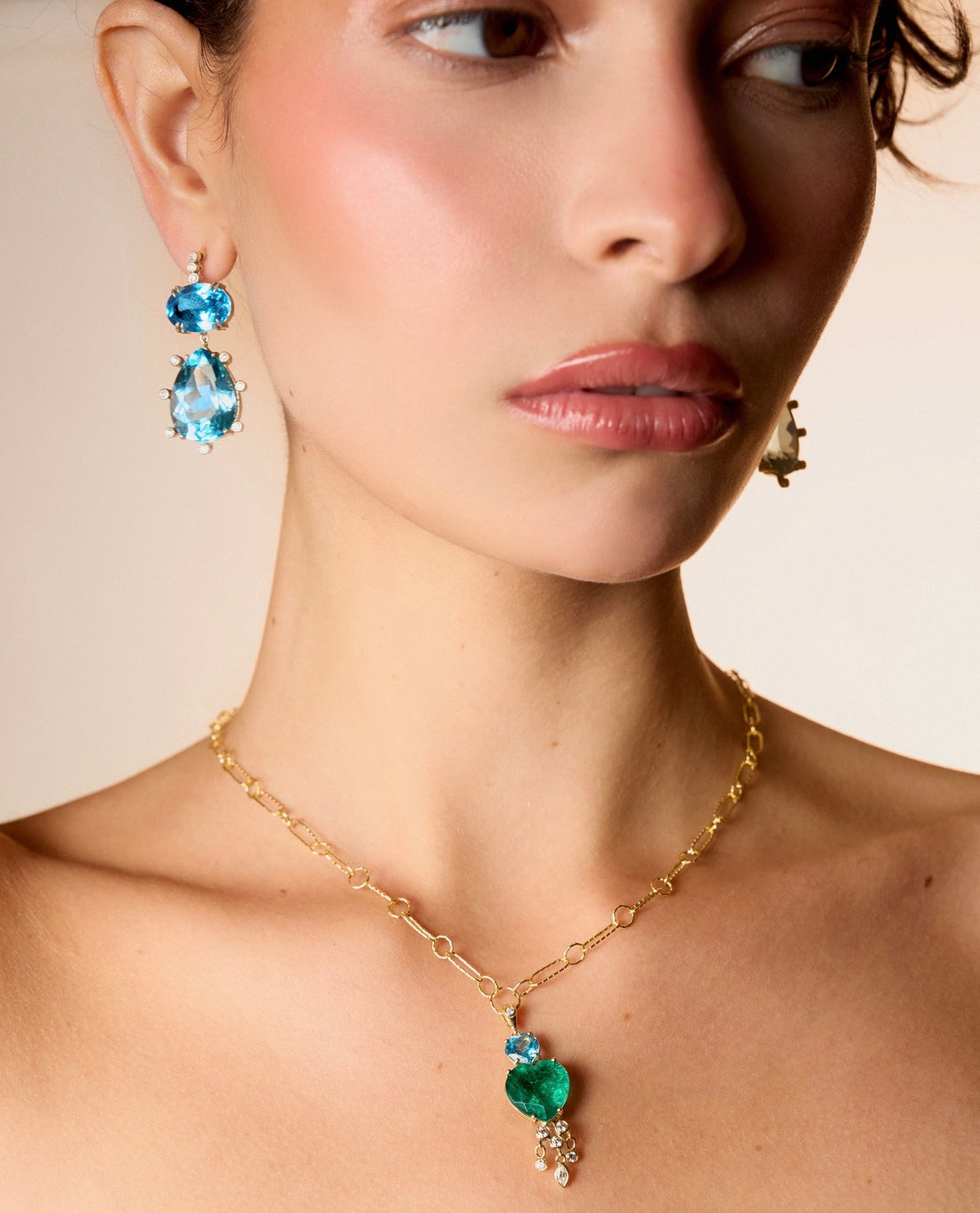 Emerald & Blue Topaz Heart with Dangling Diamonds