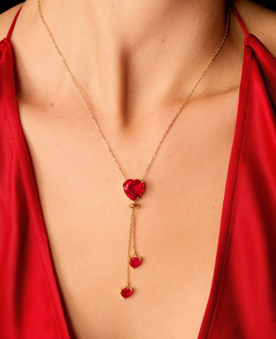 Ruby Heart Drop Lariat Necklace with Double Heart Detail