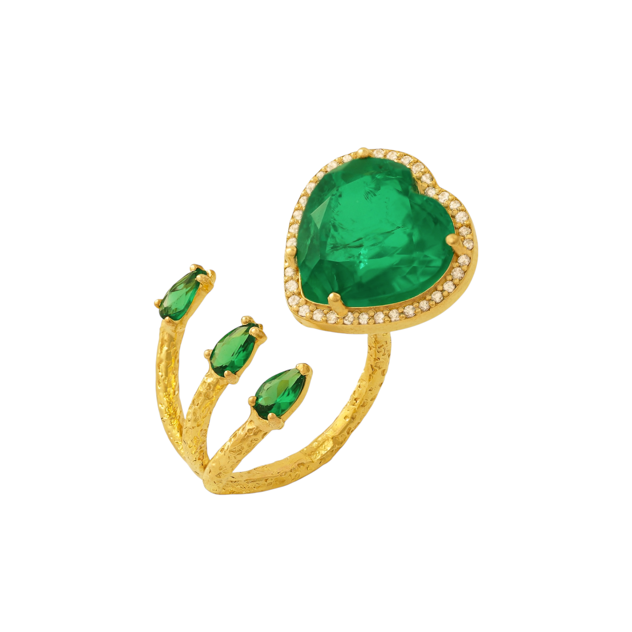 Emerald Heart Open Ring in Gold with Pavé Diamond Halo