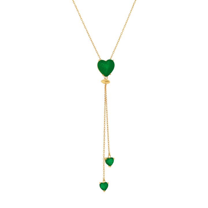Emerald Heart Drop Lariat Necklace with Double Heart Detail