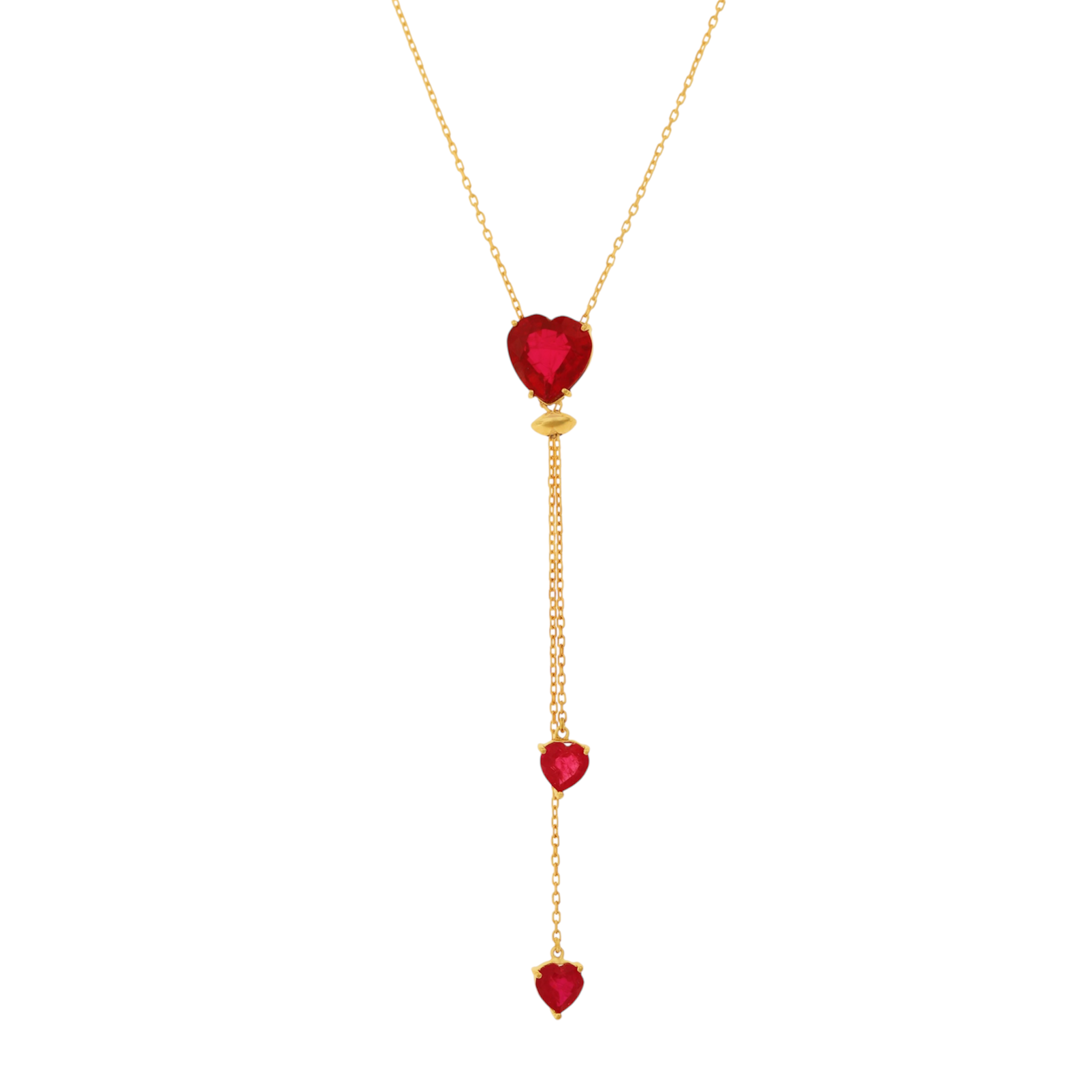 Ruby Heart Drop Lariat Necklace with Double Heart Detail