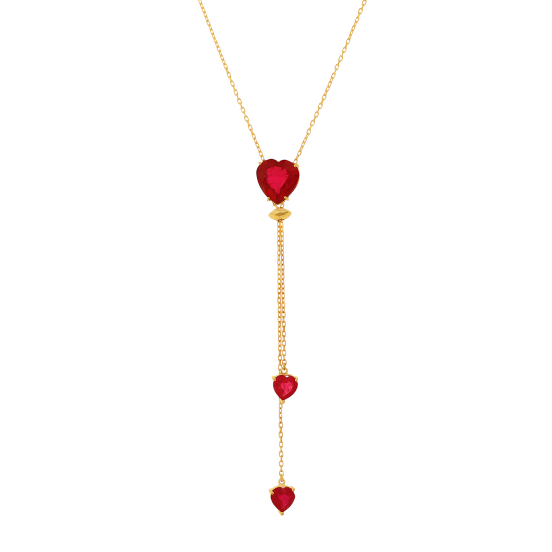 Ruby Heart Drop Lariat Necklace with Double Heart Detail
