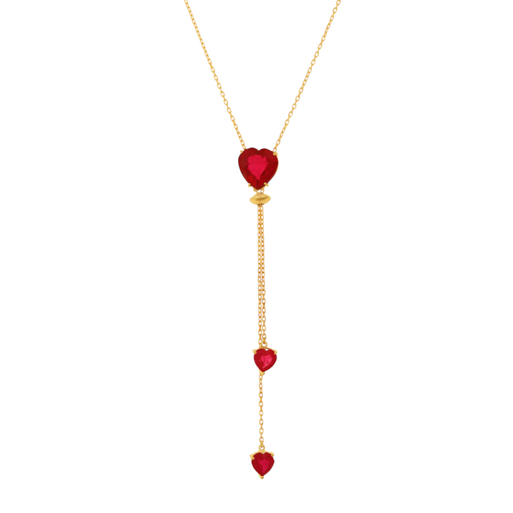 Ruby Heart Drop Lariat Necklace with Double Heart Detail