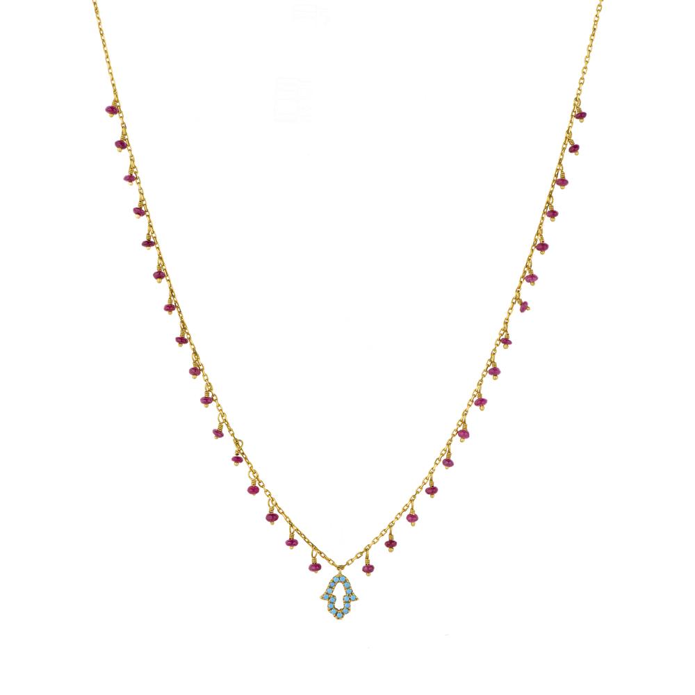 Ruby Beaded Necklace with a Turquoise Paved Hamsa