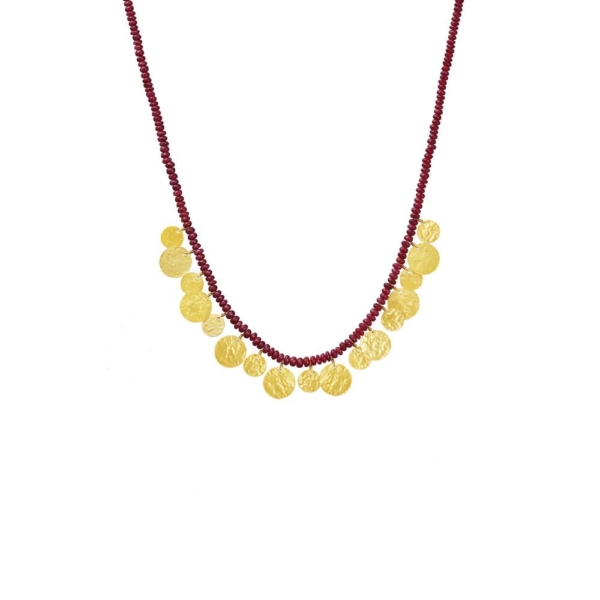 Ruby beaded necklace with hand hammered coins