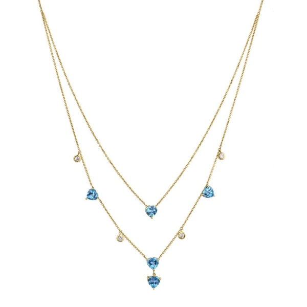 Double layered heart-shaped blue Topaz & Diamond drops necklace