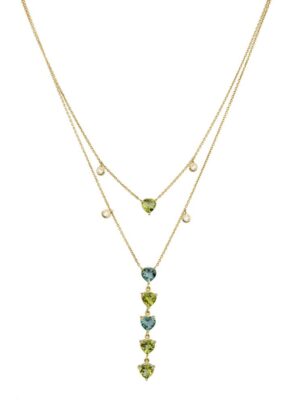 Heart shaped Peridot, Green Topaz & Diamond drops two layered necklace