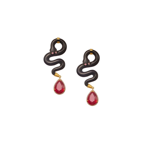 Snake Carved Black Jade Ruby & Diamond Drop Earrings