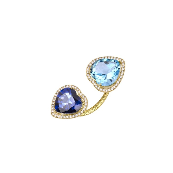 Heart shaped open ring in Blue Topaz and Blue Sapphire adorned in Diamonds.