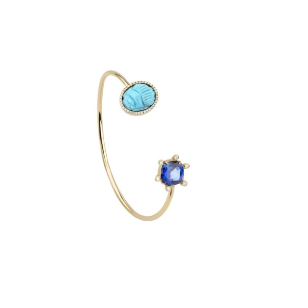 Blue sapphire and Scarab Carved turquoise open bangle