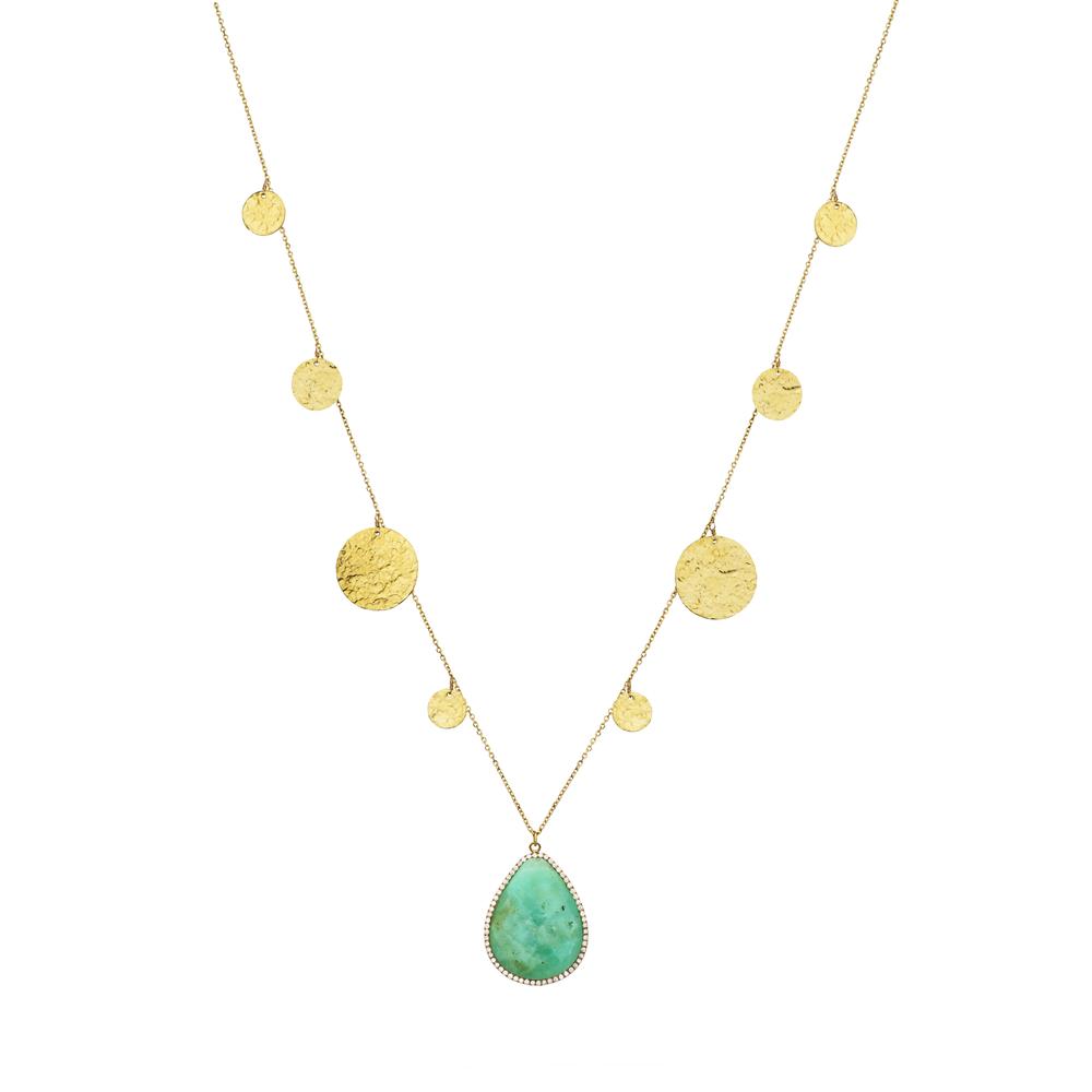 Chrysoprase drop necklace with hammered gold coins