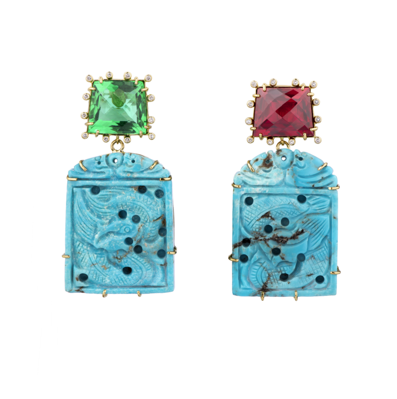 Carved Turquoise with Emerald & Ruby Mismatched Earrings