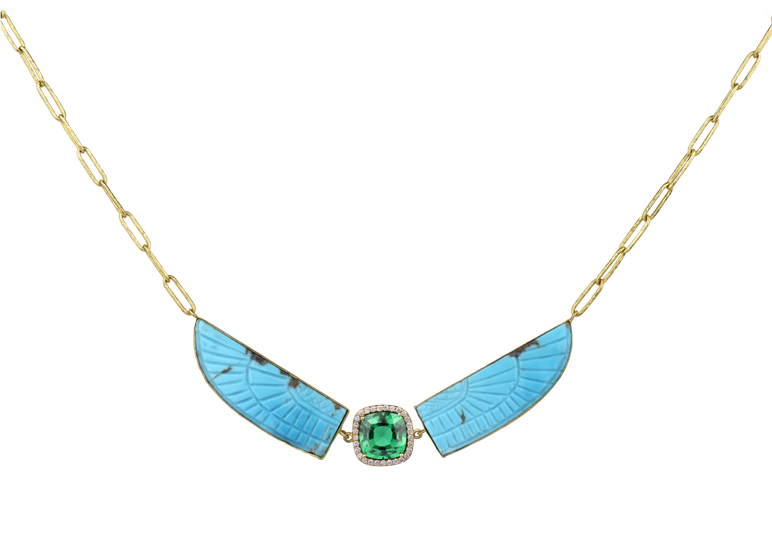 Pharaonic Wings Turquoise Carving with Emerald
