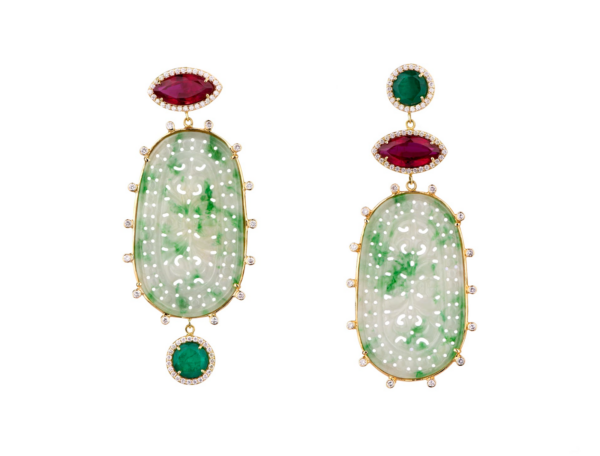 Emerald & Ruby with Carved Jade mismatched earrings